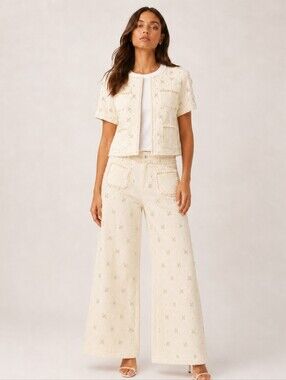 Cream Denim Embellished Beaded Rhinestones Wide-Leg Pants & Top Sets Sz Medium